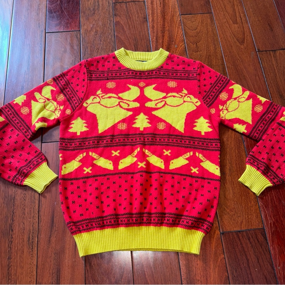 Tipsy Elves RT Lifestyle Sweater Mens Medium Knit Cow And Butcher Red And Yellow